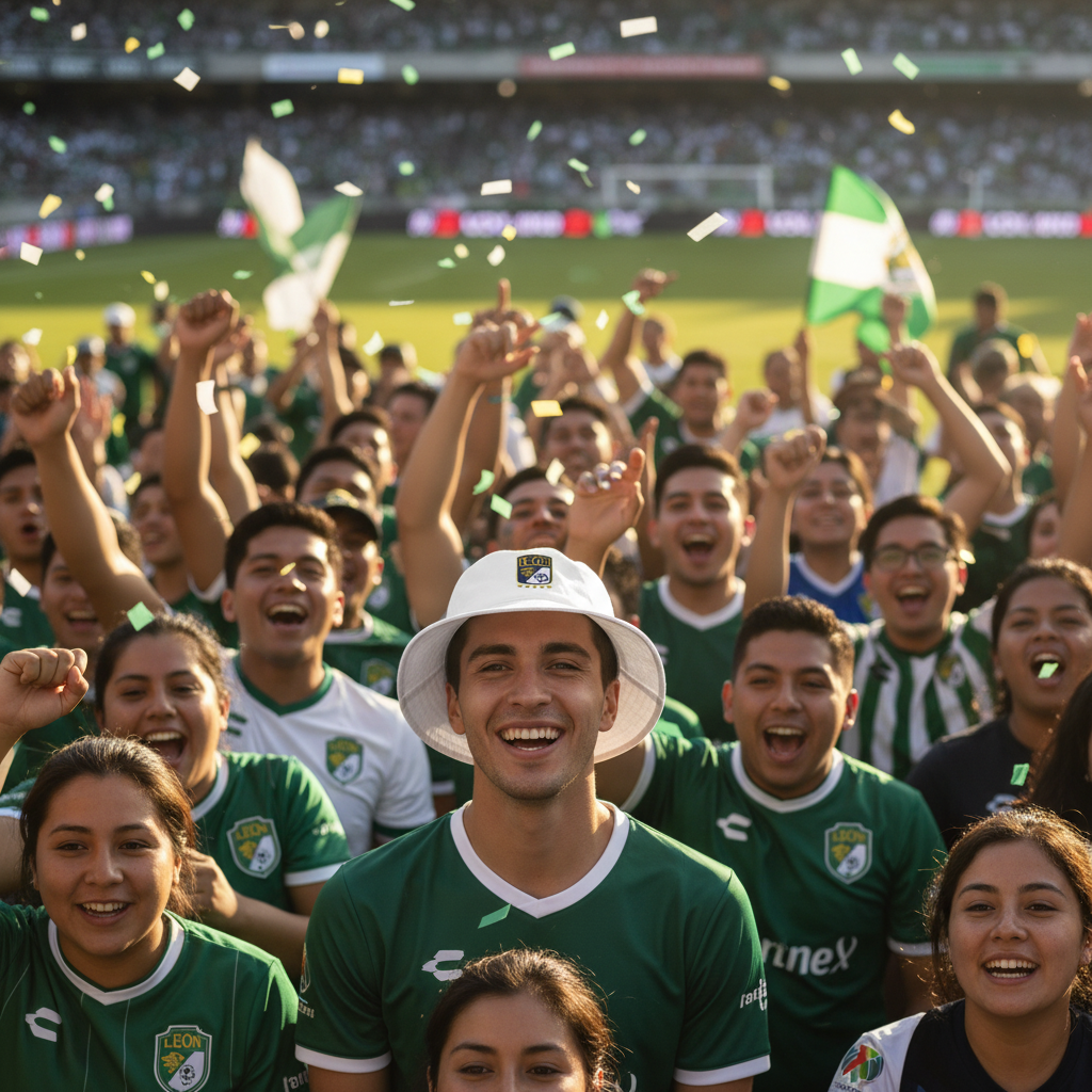A crowd of cheering soccer fans wearing green jerseys and a white-and-green striped shirt, with confetti falling on a stadium field. A central person wears a white Club Leon bucket hat with a green-and-white crest.