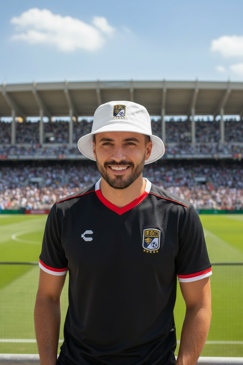 A smiling man wearing a white bucket hat and a black soccer jersey with red and white trim stands on a stadium field with a large stadium in the background.