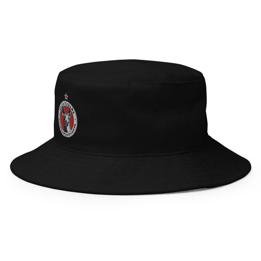 Black cotton twill bucket hat with a Club Tijuana logo on the front.