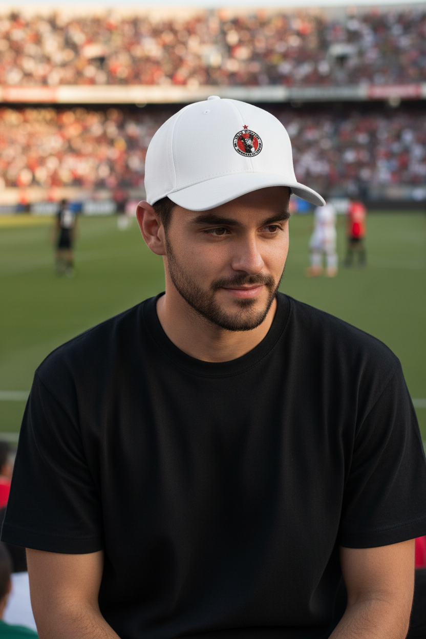 A man wearing a white baseball cap with a circular red and black Club Tijuana logo and a black t-shirt, seated in a stadium with a soccer field and crowd in the background.