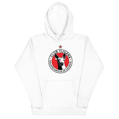 A white Club Tijuana unisex hoodie with a graphic on the front featuring a red and black color scheme, with a kangaroo pocket and a hood.