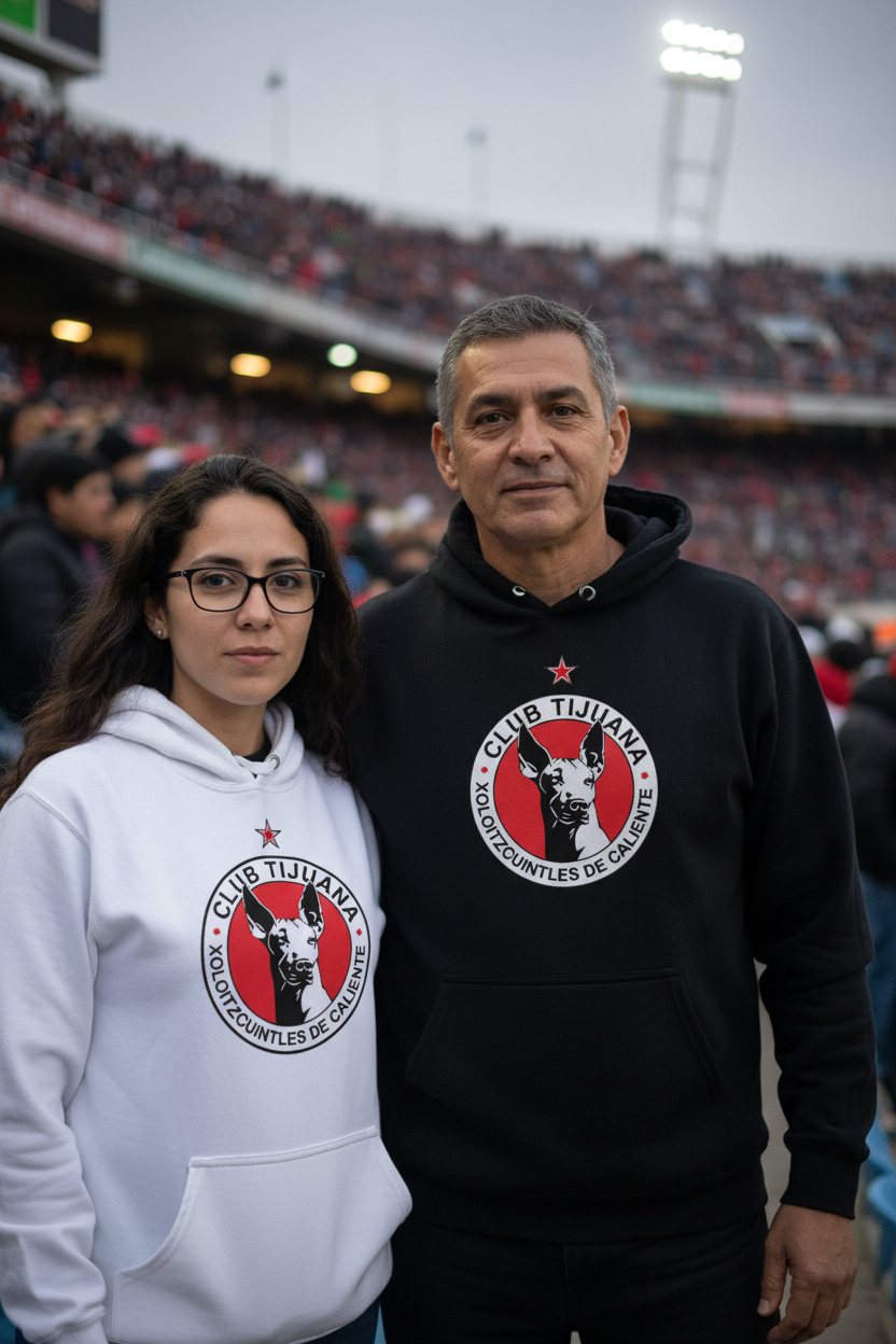 A man and a woman standing together in a stadium, both wearing matching Club Tijuana hoodies. The woman wears a white hoodie, and the man wears a black hoodie, both featuring the club's circular logo on the chest.