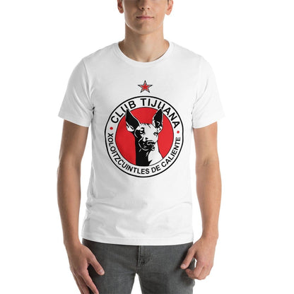 A person wearing a white Club Tijuana unisex staple t-shirt with a graphic print in the center.