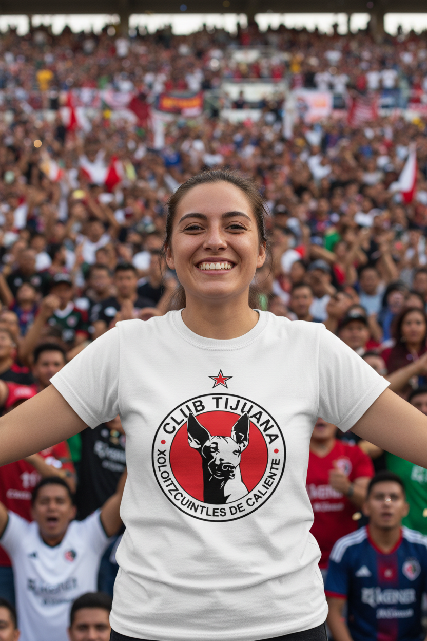 A smiling woman in a crowded stadium wearing a white Club Tijuana graphic t-shirt with a red and black circular logo on the chest.