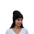 Black knit beanie hat with embroidered emblem on the front cuff