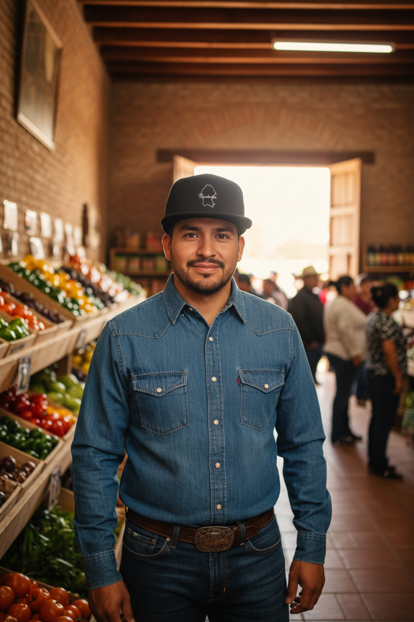 A person wearing a black snapback cap with a white logo on the front.