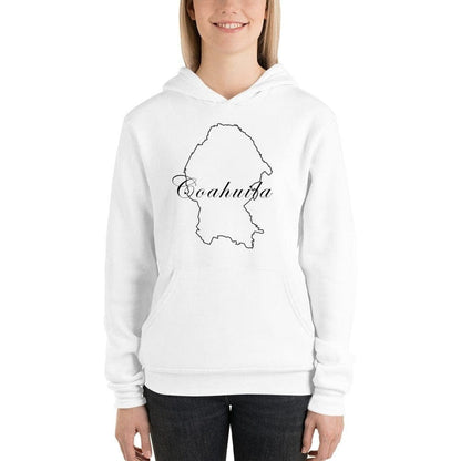 A woman wearing a white unisex hoodie with 'Coahuila' text on it.