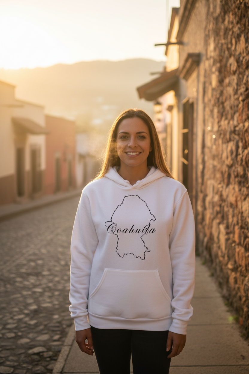 A woman wearing a white unisex hoodie with 'Coahuila' text on it.