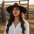 A unisex winter fedora hat with a wide brim and a solid band featuring a belt detail, in army green.