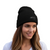 Black embroidered knit beanie with Colima logo patch, rolled cuff, one size