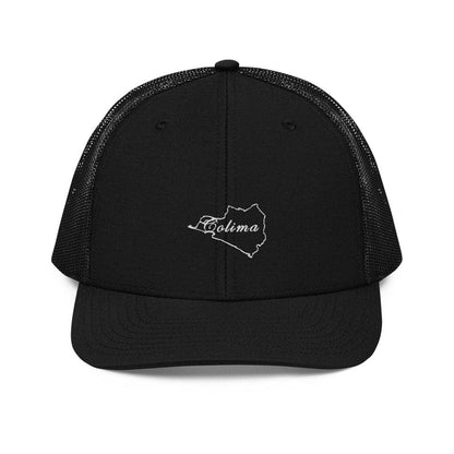 Black snapback trucker cap with a structured design, adjustable plastic closure, and a white 'Colima' text embroidered on the front.