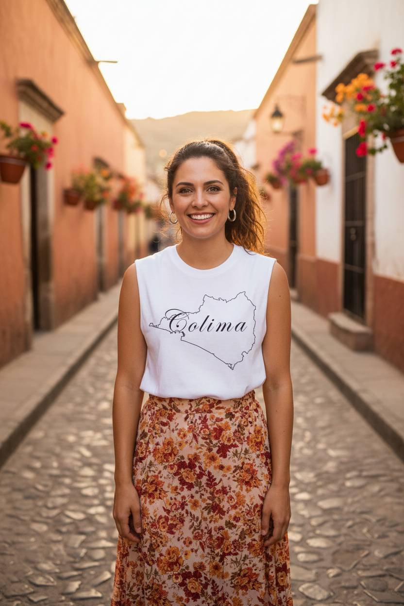 A woman wearing a white unisex muscle shirt with the text 'Colima' printed on the front.