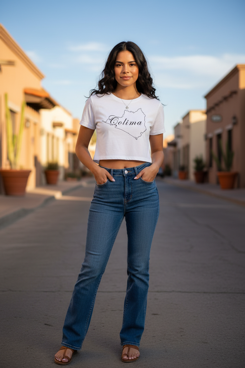 A woman stands on a sunlit street wearing a white short-sleeve crop top with a black script outline graphic and blue jeans.