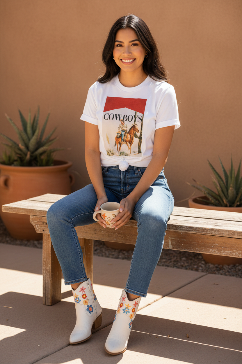 A woman sits on a wooden bench outdoors wearing a white graphic T-shirt with a red and blue 'Cowboys' print, blue jeans, and white cowboy boots with colorful floral embroidery. She holds a mug against a tan stucco wall with potted plants.