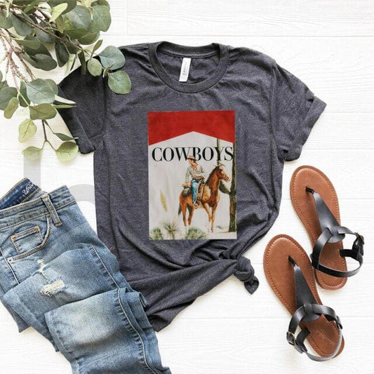 Women's dark gray short-sleeve graphic T-shirt with cowboy and horse print