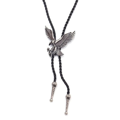 A Cowboy Bolo Tie featuring a synthetic leather necktie with a geometric pattern, a decorative button, and tassel details.