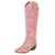Pink cowgirl boots with carved floral design and mid block heel