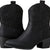 Black leather cowboy boots with embossed floral pattern and pull-on side tabs, block heel