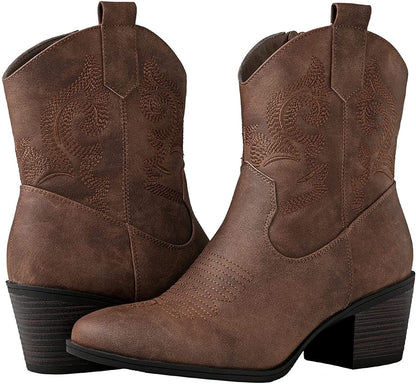 Brown suede western cowgirl boots, embroidered floral panels, block heel, mid-calf shaft