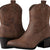 Brown suede western cowgirl boots, embroidered floral panels, block heel, mid-calf shaft