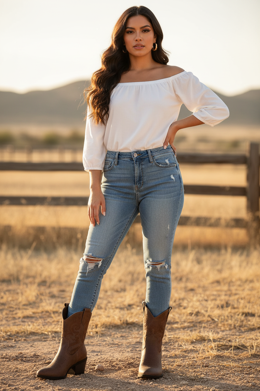 A woman stands outdoors in a dry field wearing a white off-the-shoulder blouse, light-wash distressed blue jeans, and brown cowboy boots.