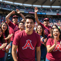 A smiling man in a stadium wearing a maroon t-shirt with a Acereros de Monclova large white and red letter 'A' on the chest, surrounded by cheering fans in matching shirts.