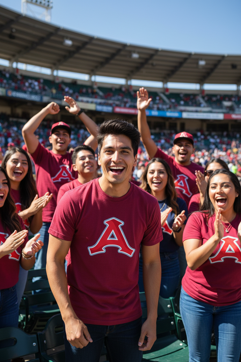 A smiling man in a stadium wearing a maroon t-shirt with a Acereros de Monclova large white and red letter 'A' on the chest, surrounded by cheering fans in matching shirts.