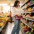 A woman in a white lace blouse and blue jeans stands in a supermarket aisle, reaching for packaged snacks on a shelf while holding a magenta clutch.