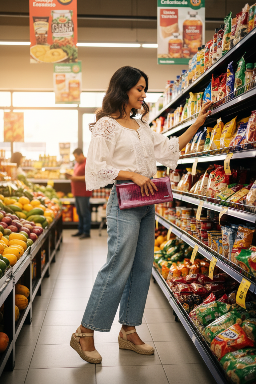 A woman in a white lace blouse and blue jeans stands in a supermarket aisle, reaching for packaged snacks on a shelf while holding a magenta clutch.