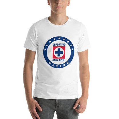Man wearing a white Cruz Azul T-shirt featuring the official Deportivo Cruz Azul Mexico logo with blue stars and red cross emblem.