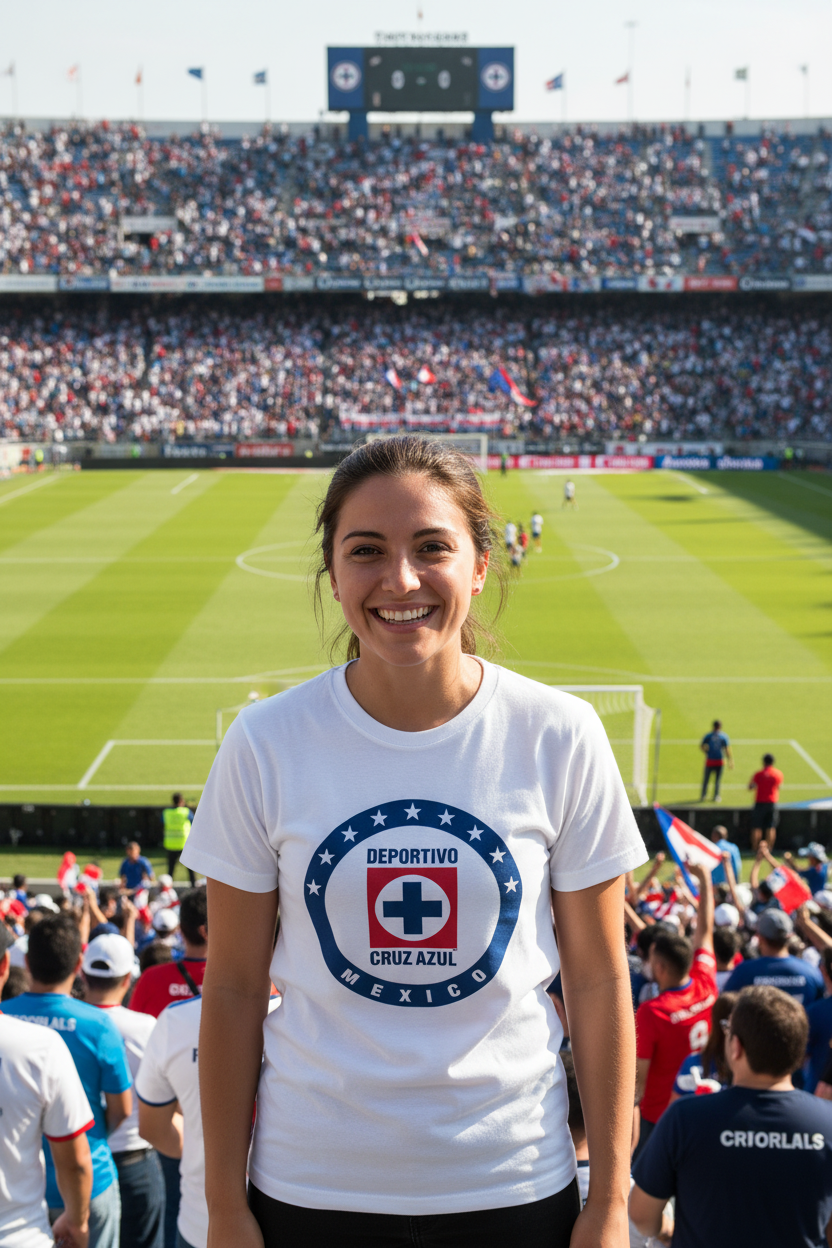 A smiling woman stands in a crowded soccer stadium wearing a white Cruz Azul graphic T-shirt. The background shows a green field, packed stands, and a large scoreboard.