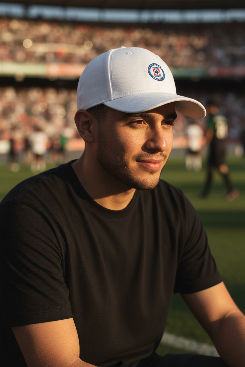 A man wearing a white Cruz Azul baseball cap with a circular crest and a black t-shirt, sitting in a stadium during golden hour.