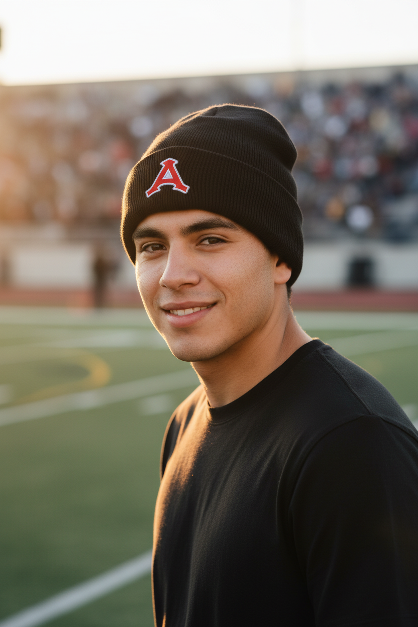 A smiling young man wearing a black Acereros de Monclova knit beanie with a red and white 'A' logo on the front, standing on a football field at sunset.