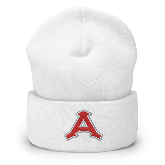 White beanie with the red 'A' logo on the front.