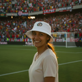 A woman smiling on a soccer field at sunset, wearing a white bucket hat with a Deportivo Toluca FC logo and a white t-shirt, with a packed stadium in the background.