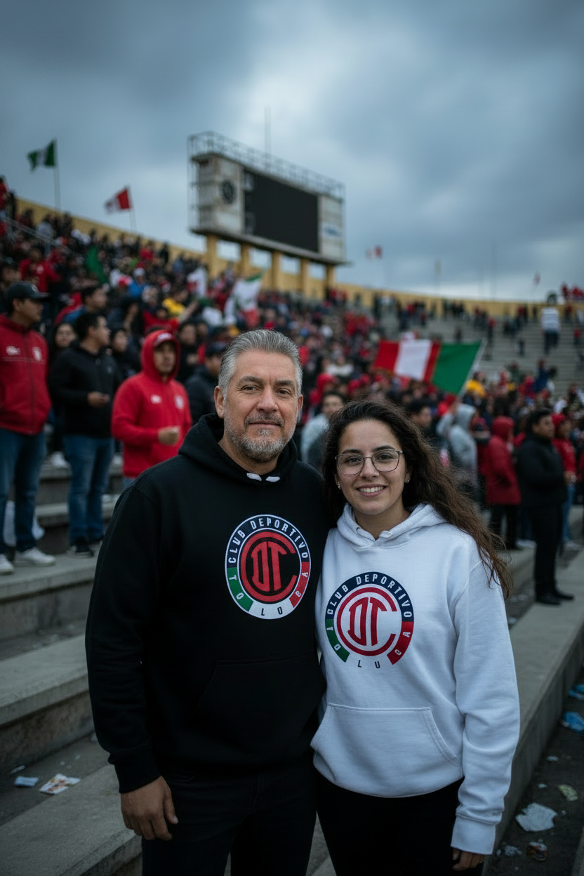 A man and a woman standing together in a stadium crowd, both wearing matching black and white Deportivo Toluca FC hoodies with the club's circular logo on the chest.