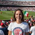 A smiling woman stands in a crowded stadium wearing a white T-shirt with a large Club Deportivo Toluca logo in red, green, and white.