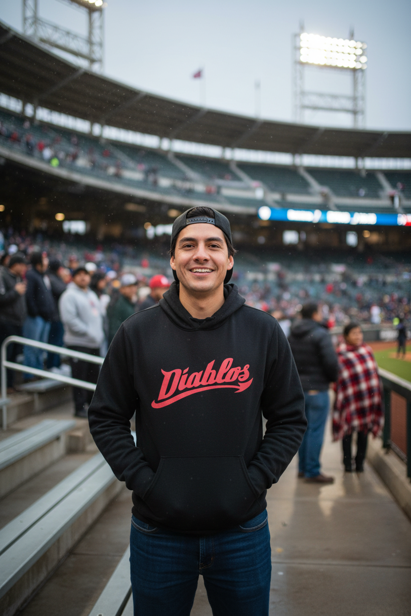 A smiling man wearing a black hoodie with 'Diablos' in red script across the chest, standing in a stadium with spectators in the background.