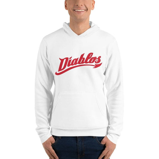 A person wearing a white hoodie with 'Diablos' text in red.