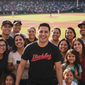 A group of people posing together in a baseball stadium, with a man in the center wearing a black t-shirt with 'Diablos' written in red script across the chest.