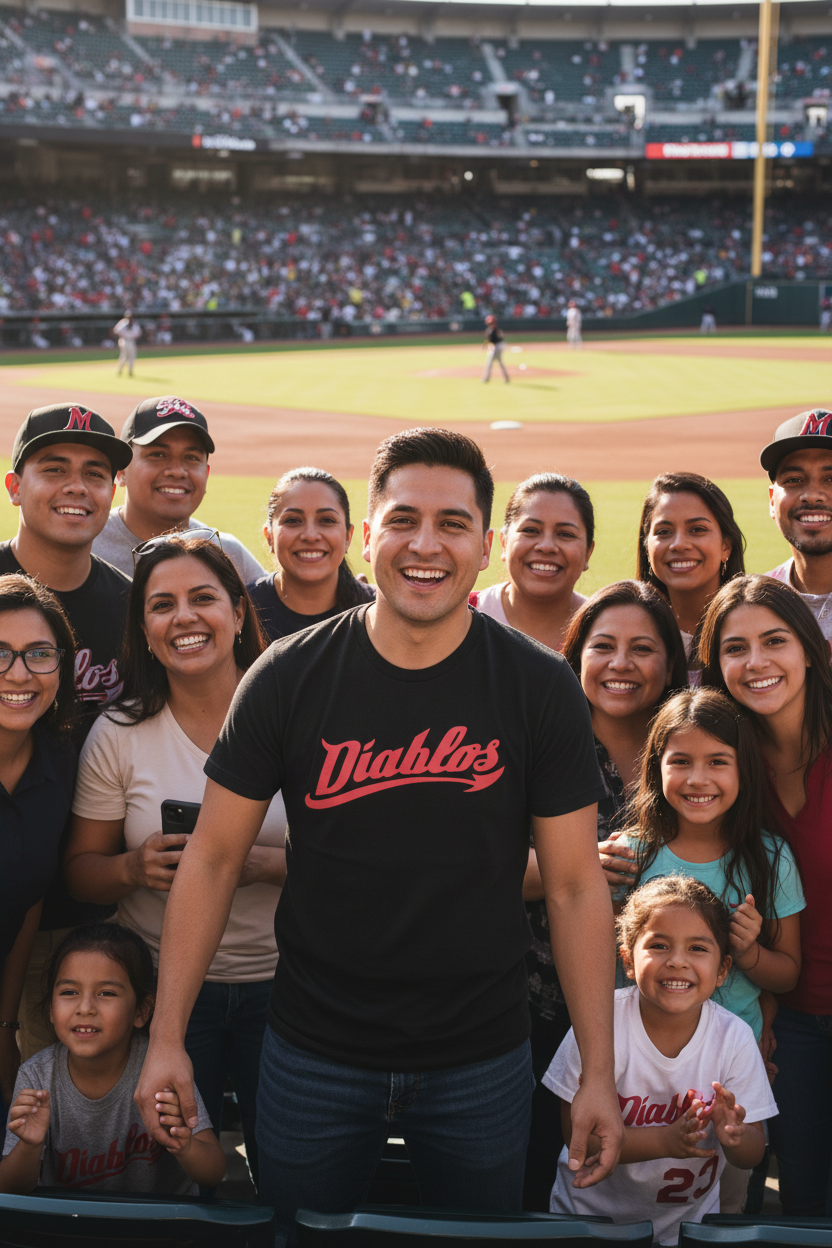 A group of people posing together in a baseball stadium, with a man in the center wearing a black t-shirt with 'Diablos' written in red script across the chest.
