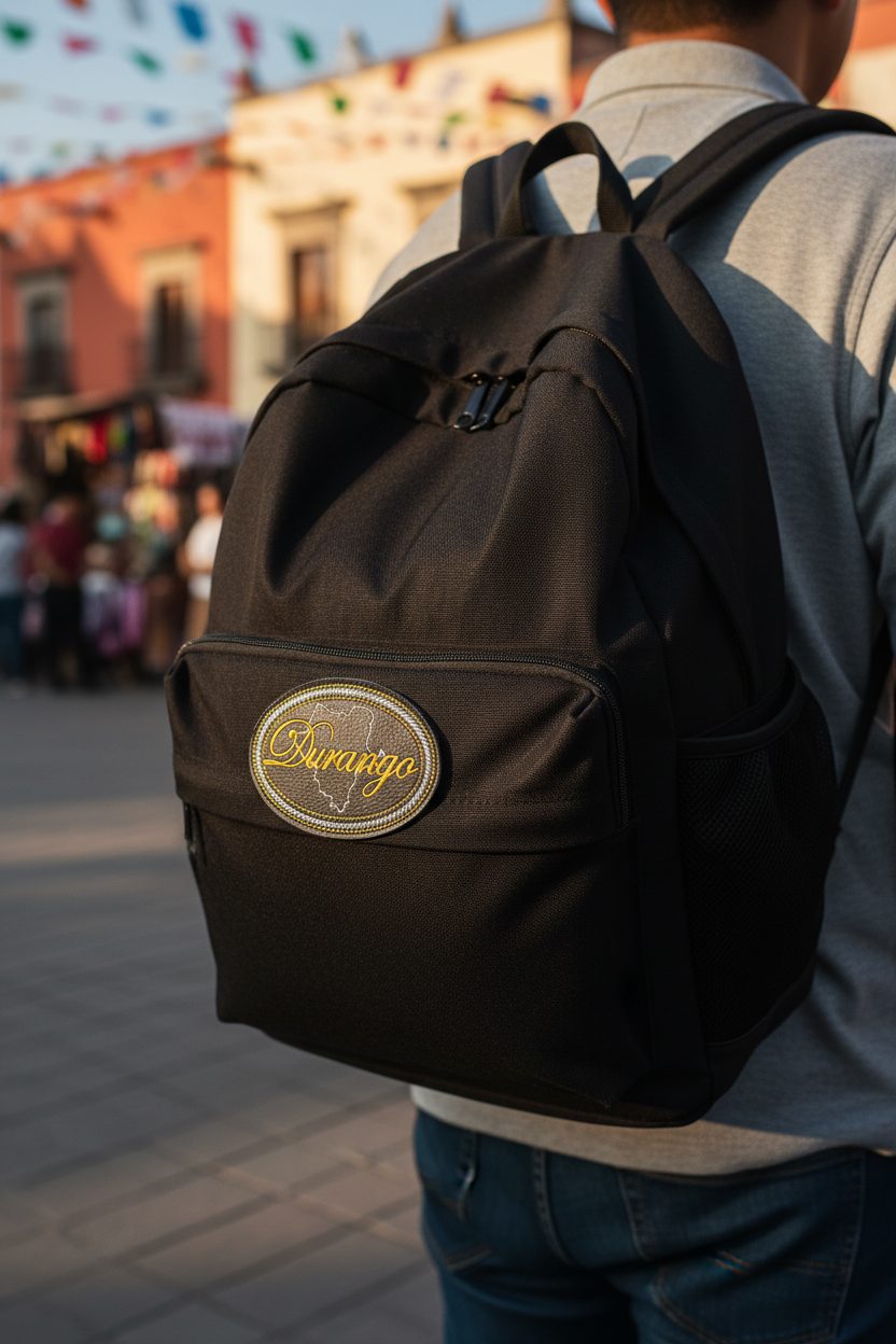A black nylon backpack with a circular gold and white 'Durango' logo patch on the front pocket, worn by a person in a sunny outdoor street setting.