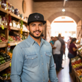 A man standing in a rustic market aisle wearing a light blue denim western-style button-up shirt, dark blue jeans, and a black baseball cap with a white logo.