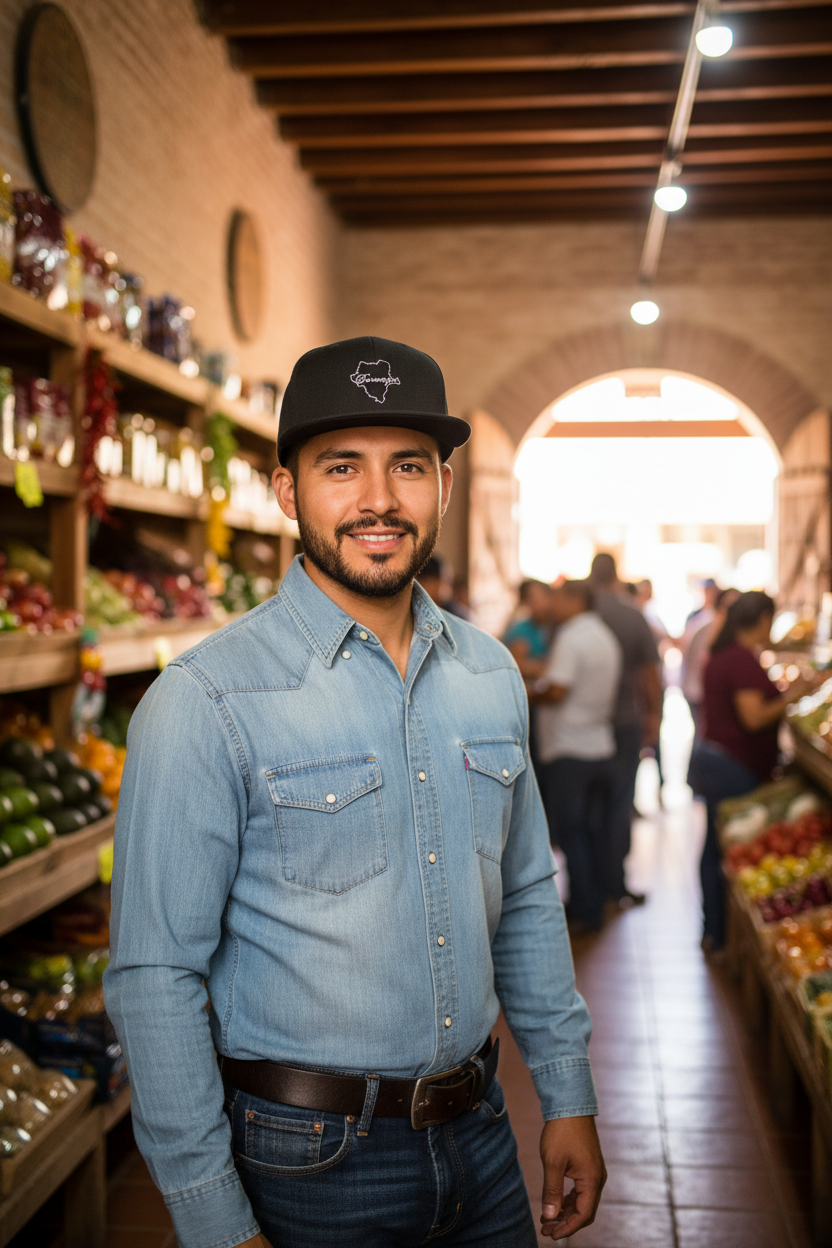 A man standing in a rustic market aisle wearing a light blue denim western-style button-up shirt, dark blue jeans, and a black baseball cap with a white logo.