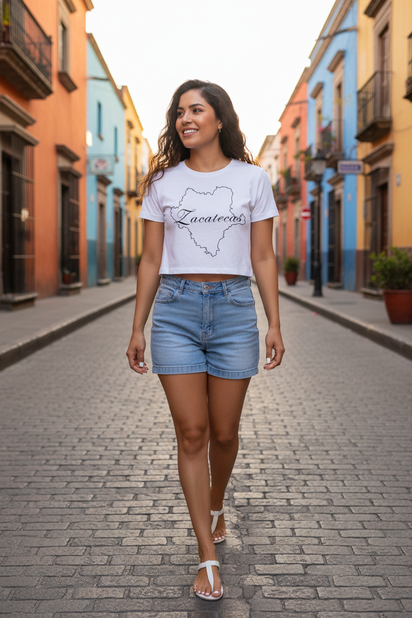 A woman walking down a cobblestone street wearing a white graphic crop top with a black outline map of Mexico and the word 'Mexico' across the chest, paired with light-wash denim shorts and white heeled sandals.