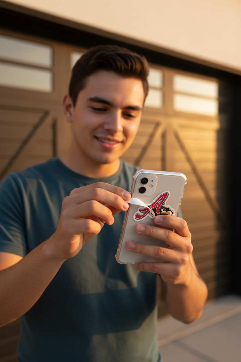 A man in a blue t-shirt holds a white smartphone with a red and black El Aguila de Veracruz logo sticker on the back, standing in front of a garage door.