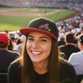 A smiling woman in a crowded stadium wearing a black El Aquila de Varacruz baseball cap with a red brim and a red script Eagle logo, photographed in warm golden hour light.