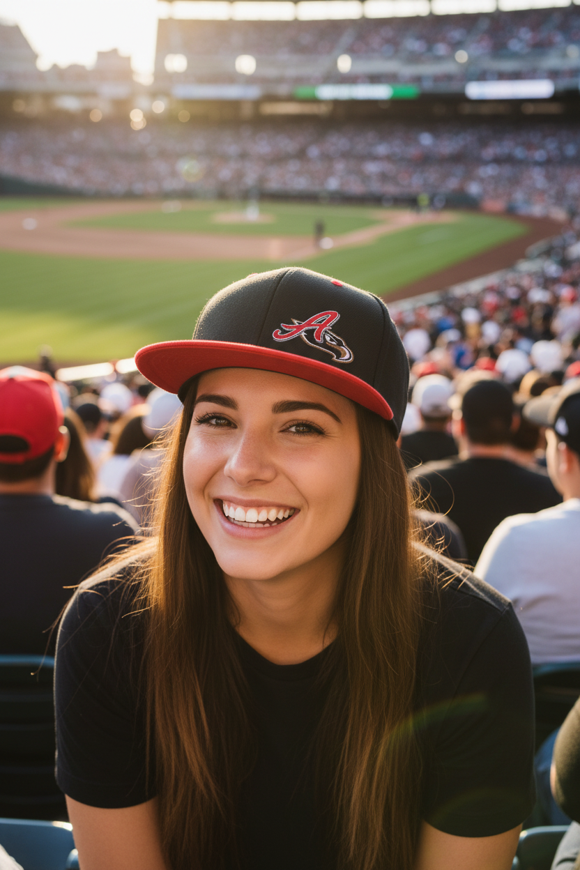 A smiling woman in a crowded stadium wearing a black El Aquila de Varacruz baseball cap with a red brim and a red script Eagle logo, photographed in warm golden hour light.