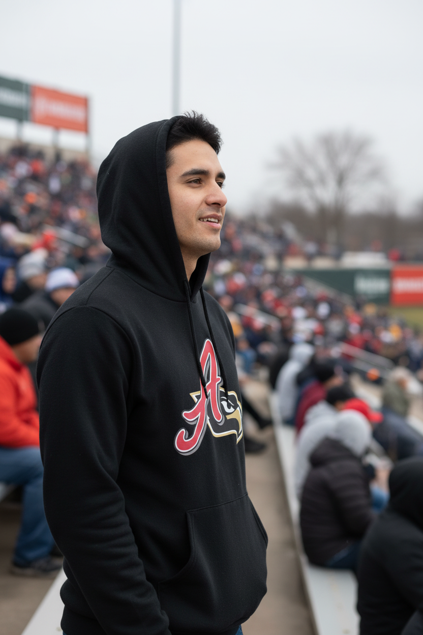 A man wearing a black Aguila de Varacruz hoodie stands in a crowded stadium crowd, looking off-camera. The hoodie features the team's 'A' logo on the chest.