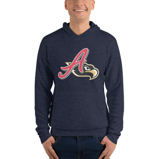 A person wearing a navy blue hoodie with a Aguila de Veracruz logo on the front.